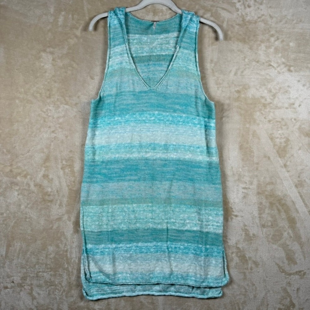 Free People S Teal Striped Hooded Knit Tunic Dress Sleeveless Cotton Linen Blend
